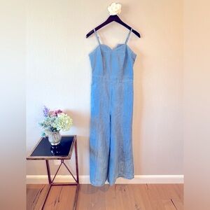 Denim jumpsuit sweetheart neckline with straps wideleg jumper with back stretch.